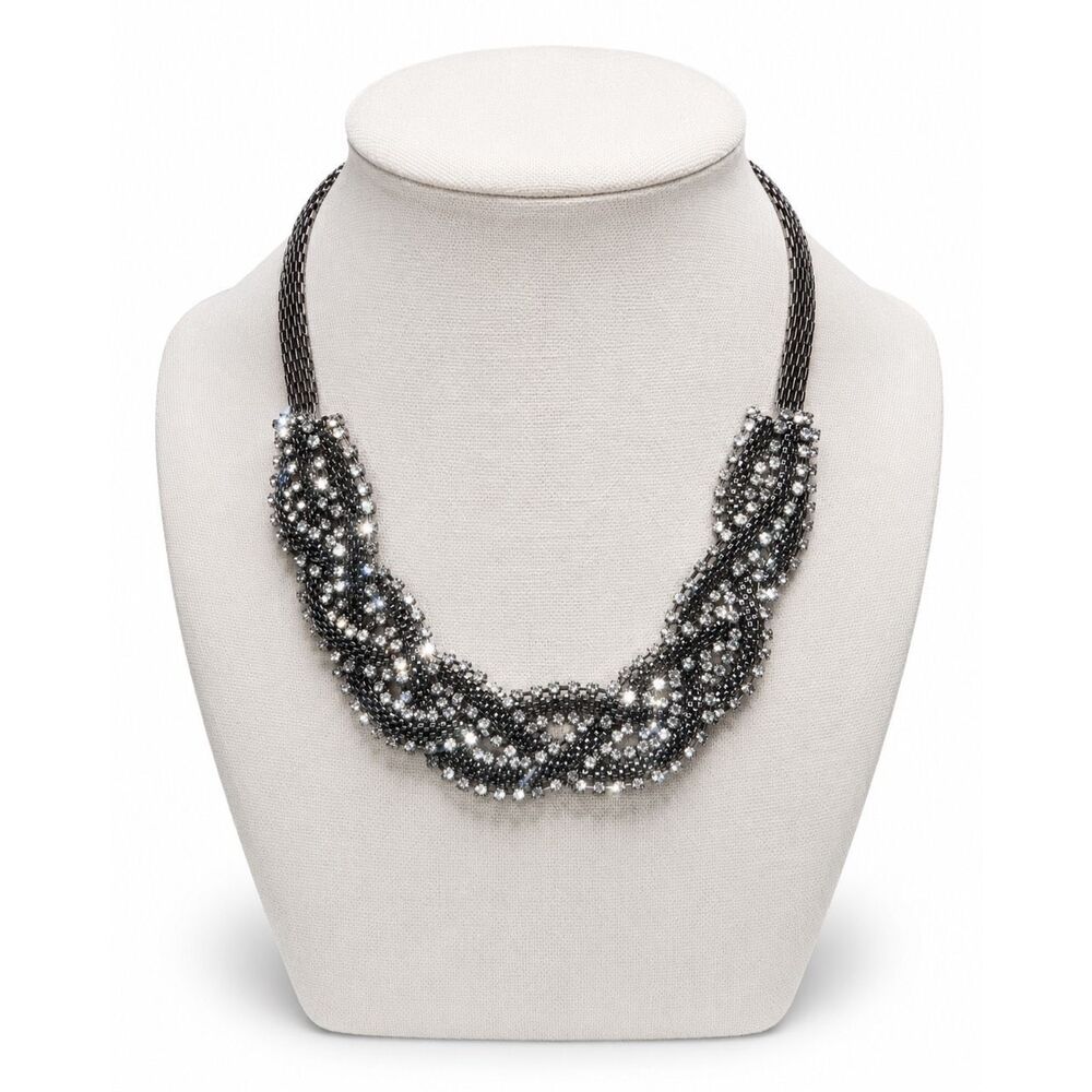 Gunmetal Crystal Statement Bib Necklace Glam Evening Wedding Prom